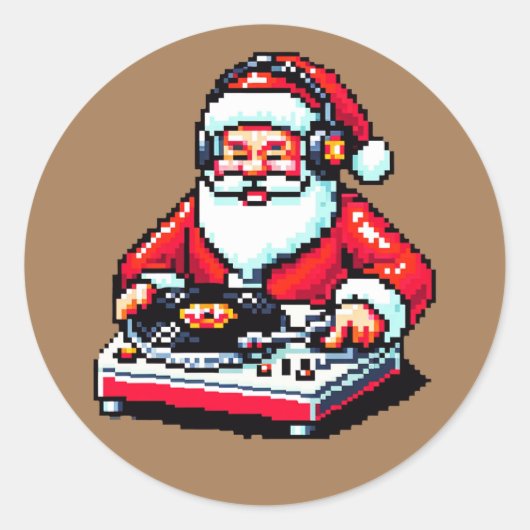 Kerstman als DJ: 8-bit Kerstmis Cheer Ronde Sticker (Voorkant)