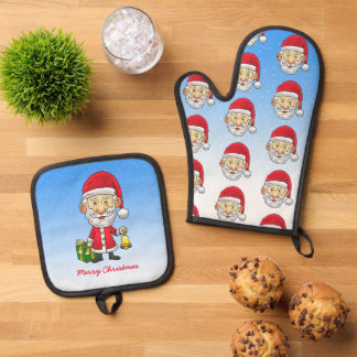 Kerstman belt de bellen ovenwant & pannenlap set