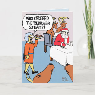Kerstman bestelt een rendierbiefstuk. kaart