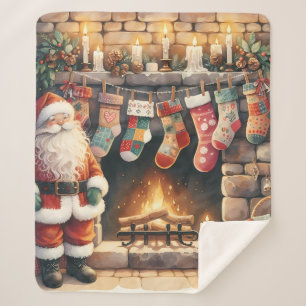 Kerstman bij de haard Kerstsokken Sherpa Deken