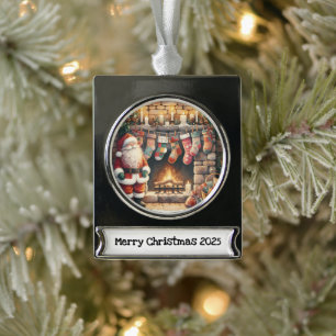 Kerstman bij open haard kerstsokken verzilverd banner ornament