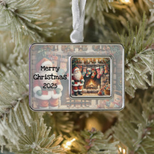 Kerstman bij open haard kerstsokken verzilverd kader ornament