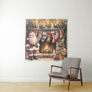 Kerstman bij open haard kerstsokken wandkleed