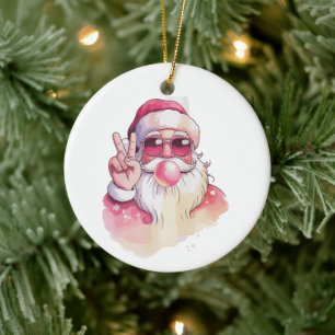 Kerstman blaast kauwgom Roze zonnebril Keramisch Ornament