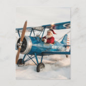 Kerstman blauw tweedekker vliegtuig & foto grappig briefkaart (Voorkant)