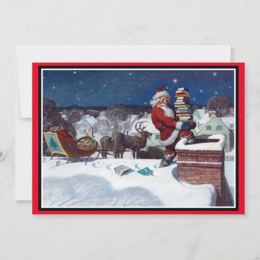 Kerstman brengt een lading boeken feestdagenkaart (Voorkant)