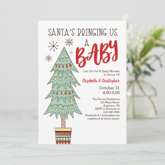 Kerstman brengt ons een baby kerst baby shower kaart (Staand voorkant)