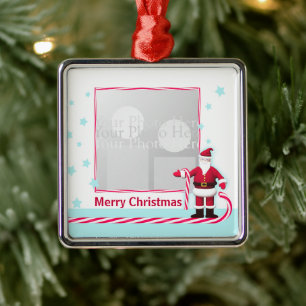 Kerstman, Candy Cane en Sterren Kerstmis Foto Metalen Ornament
