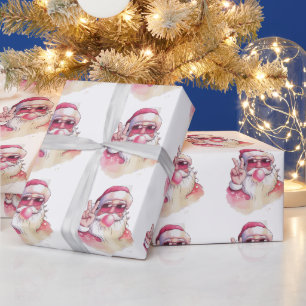 Kerstman die Bubble Gum Roze Zonnebril blaast Cadeaupapier