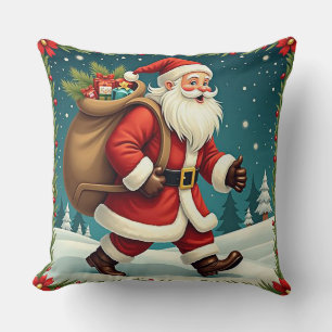 Kerstman die cadeaus bezorgt door besneeuwd bos kussen