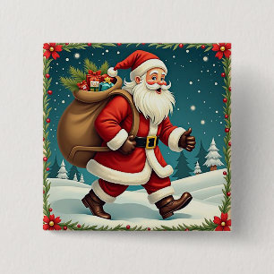 Kerstman die cadeaus bezorgt door besneeuwd bos vierkante button 5,1 cm