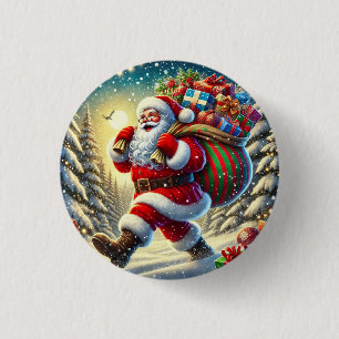 Kerstman die cadeaus bezorgt in een besneeuwde Ker Ronde Button 3,2 Cm