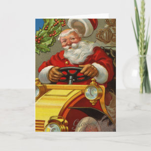  Kerstman die een gele auto-Wenskaart bestuurt Feestdagen Kaart