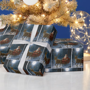 Kerstman die een slee bestuurt in het maanlicht cadeaupapier
