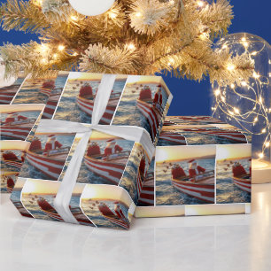 Kerstman die een speedboot bestuurt cadeaupapier