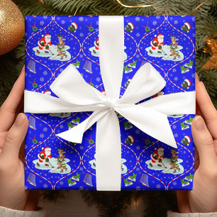 Kerstman die ijshockey speelt Kerstpatroon Blauw Cadeaupapier