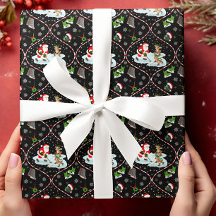 Kerstman die ijshockey speelt Kerstpatroon Zwart Cadeaupapier