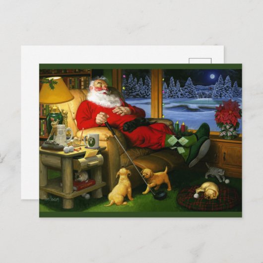 Kerstman die na golf op een briefkaart dutten (Voorkant / Achterkant)