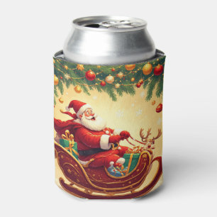Kerstman die slee rijdt met een rendier blikjeskoeler
