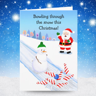 Kerstman die Sneeuwman Bowling Toejuicht Kaart