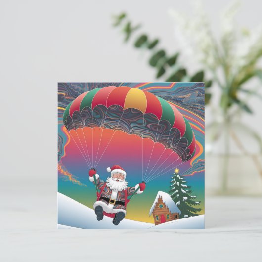 Kerstman die uit de lucht springt vrolijk kerstfee feestdagenkaart (Staand voorkant)