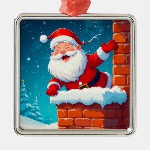 Kerstman die vrolijk zwaait in schoorsteen metalen ornament