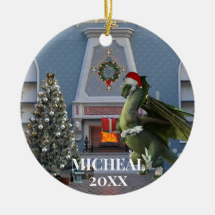 Kerstman Draak Boom Open Haard Scene Keramisch Ornament