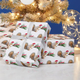 Kerstman Eekhoorn met Groenblijvende Tooien Cadeaupapier