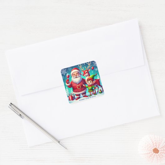 Kerstman, elf en rendier in een feestelijke kerst vierkante sticker (Envelop)