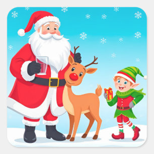Kerstman, Elf en Rendier in een Festieve Kerst Vierkante Sticker