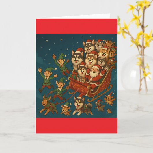 Kerstman en blije elfen kaart (Gele Bloem)