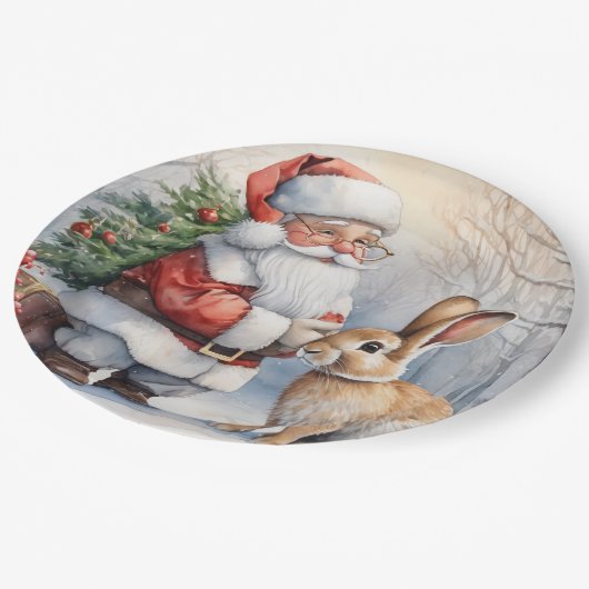 Kerstman en Bunny Natuur Illustratie Papieren Bordje (Gekanteld)