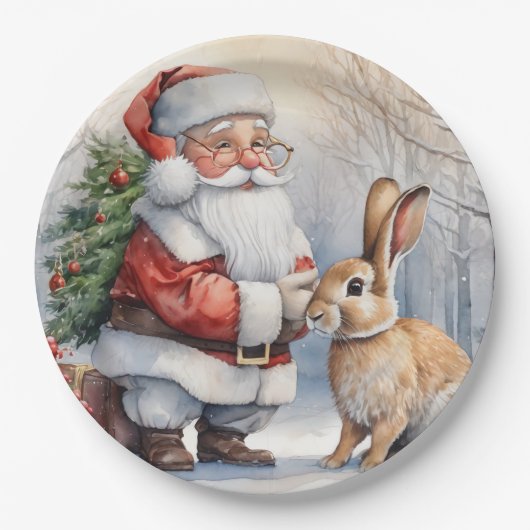 Kerstman en Bunny Natuur Illustratie Papieren Bordje (Voorkant)