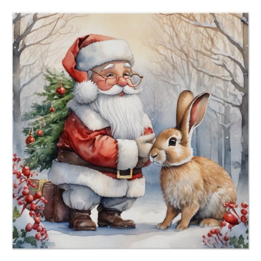 Kerstman en Bunny Natuur Illustratie Perfect Poster (Voorkant)