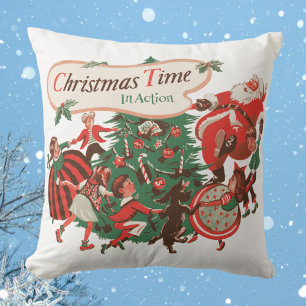 Kerstman en dansende kinderen in vintage stijl kussen