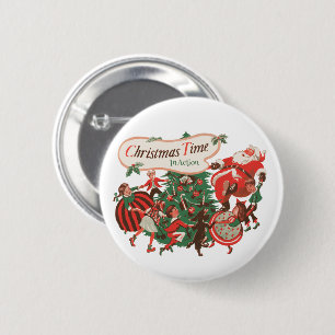 Kerstman en dansende kinderen in vintage stijl ronde button 5,7 cm