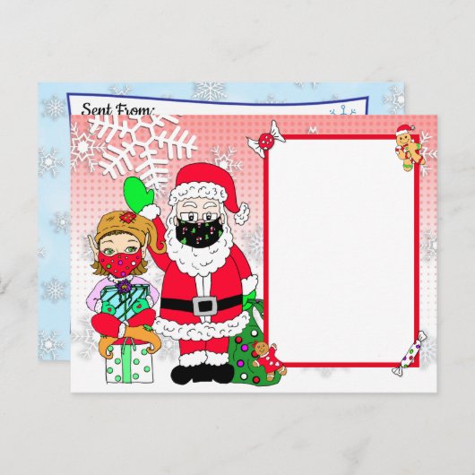 Kerstman en Elf in Mondmasker Brief van Kerstman B Feestdagenkaart (Voorkant / Achterkant)