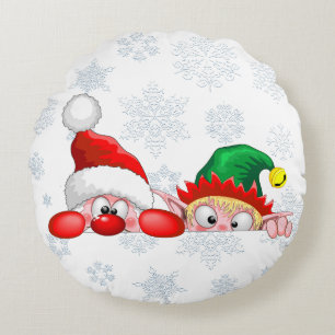 Kerstman en Elf Schattig en grappig Kerst Cartoon Rond Kussen