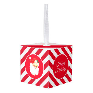 Kerstman en elfen op rood-wit gestreepte kubus ornament