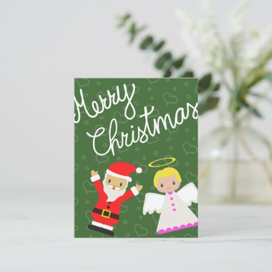 Kerstman en engel wensen je een vrolijk kerstfeest feestdagenkaart (Staand voorkant)