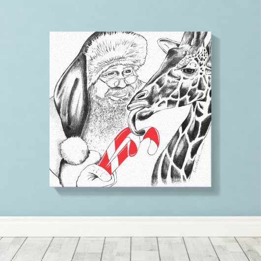 Kerstman en Giraffe Canvas Afdruk (Insitu (Houten vloer))