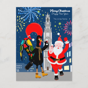 Kerstman en Haantje proosten op het nieuwe jaar Briefkaart