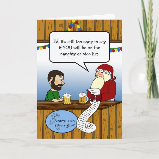 Kerstman en kerel bij Bar Going Over Lijst Kaart (Voorkant)