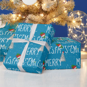 Kerstman en kerstboom in sneeuwvlokken vrolijk ker cadeaupapier