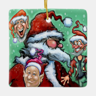 Kerstman en Kerstelfen Keramisch Ornament