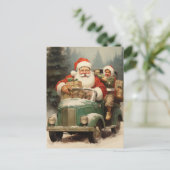 Kerstman en Kind in een kleine groene auto met ges Feestdagenkaart (Staand voorkant)