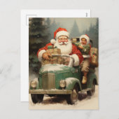 Kerstman en Kind in een kleine groene auto met ges Feestdagenkaart (Voorkant / Achterkant)