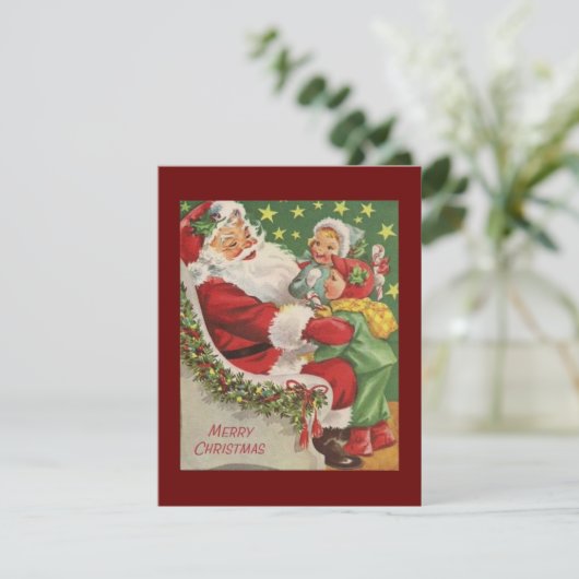 Kerstman en kinderen uit vroeger tijden feestdagenkaart (Staand voorkant)