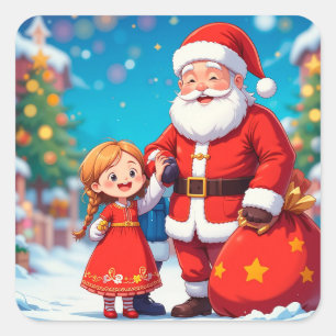 Kerstman en meisje met een cadeautas vierkante sticker