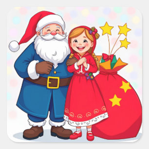 Kerstman en meisje met een cadeautas vierkante sticker